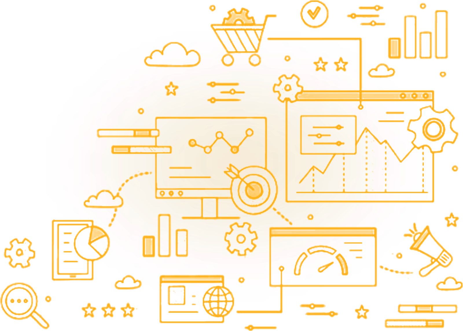 Illustration of employee computer activity analytics — charts, dashboards, productivity gauges and monitoring screens